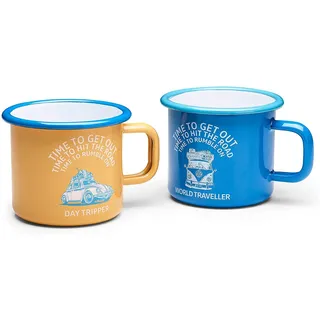 Volkswagen 7E9069601 Emaille Becher Tasse VW T1 Bulli Käfer Kaffeetasse Teetasse, 2 Stück, blau/gelb