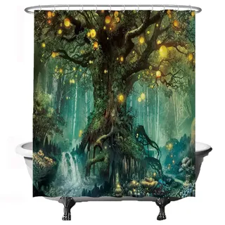 Ulticool Duschvorhang - Märchen Elfenbaum Magie Wald Natur - 180 x 200 cm – Waschbar – Wasserdicht - Anti Schimmel - mit 12 Ringe - Grün Gelb