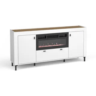 Kommode Mossa Mo7 Mit Elektrischem Kamin Sideboard 177X84X40Cm 2 Türen 1 Schublade Weiß - Weiß