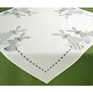 Tischdecke mit Osterhasen und Eiern, Motiv, Mitteldecke, Stickerei zu Ostern, Weiß, Modern, 85x85 cm