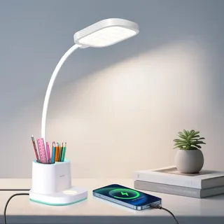 Hacevida Schreibtischlampe Kinder Augenschutz - 3 Helligkeitsstufen, 2400mAh Akku, 360° Schwanenhals, Stiftehalter & Nachtlicht, USB-Ladefunktion, Tischlampe Kabellos für Leser, Büro, Schlafzimmer