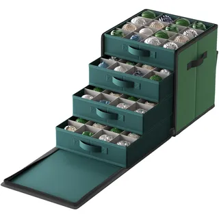 SONGMICS Weihnachtskugel-Aufbewahrungsbox, seitlich geöffnet, stapelbar, Weihnachtskugeln Aufbewahrung, Deckel, 4 Schubladen-Tabletts, 600D Oxford-Gewebe, 64 Fächer je 7,6 cm, waldgrün RFB037C01