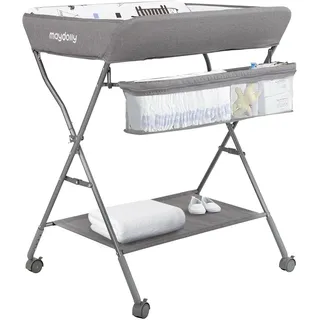 Maydolly Baby Klappbar Wickelkommode,Mobiler Wickeltisch mit Rollen und Wickelauflage,Wasserdicht und Höhenverstellbar,Baby Wickelkombi mit Ablagefächern(hellgrau)