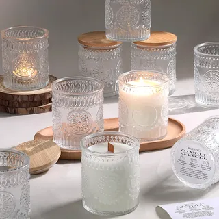 LETINE 10 Stück Klar Kerzengläser zum Befüllen, 220 ml, Keine Kerze | Dickes Glas Kerzengläser mit Deckel, Kerzen Selber Machen Set, Blumenmuster Kerzenglas mit 10 Warnetiketten