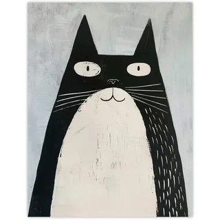 Artery8 Cute Black White Tuxedo Cat Lover Pet Painting Living Room Large Wall Art Poster Print Thick Paper 18X24 Inch