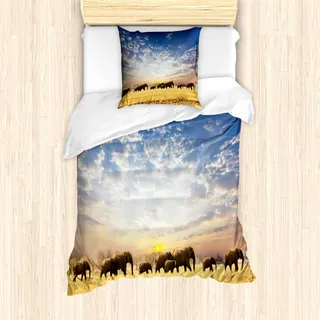 ABAKUHAUS Safari Bettbezug Set für Einzelbetten, Wilde afrikanische Elefanten Herde, Milbensicher Allergiker geeignet mit Kissenbezug, Senf Blau und Weiß - Blau