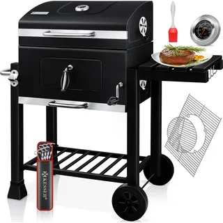 KESSER® Grill Grillwagen XXL Holzkohlegrill mit Deckel, Rädern, Edelstahl-Griff, Grillrost und Thermometer Holzkohle kohlegrill Wagen groß Kohle BBQ Barbeque Camping, Terrasse, Garten - Schwarz