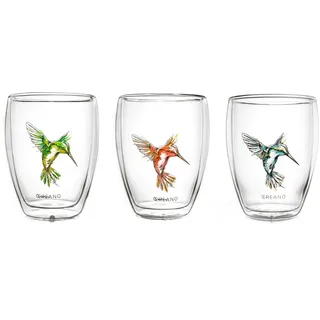 Creano doppelwandige Tee-Gläser, Cappuccino-Glas, Thermoglas Hummi im Kolibri Design, 3er Set, 250 ml in exklusiver Geschenkbox, blau/rot/grün