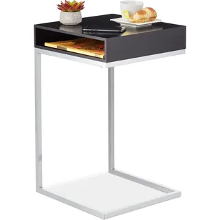 Relaxdays Beistelltisch, C-Form, HBT: 63x37x38 cm, Sofatisch zum Unterschieben, MDF & Metall, Ablagefach, schwarz/Silber