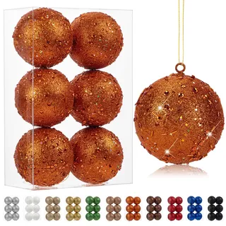 6er-Set 10cm Dekorative Weihnachtsbaumkugeln, Weihnachtskugel-Ornament mit Holografischem Glitzer Christbaumschmuck zarten Dekorationen für Weihnachtsbaum, Weihnachtshochzeitsfeier, Orange