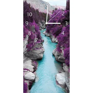 Wallario Design Wanduhr Fluss in lilafarbener Schlucht aus Echtglas, Größe 30 x 60 cm - Rosa