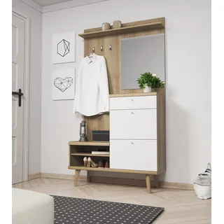 Garderobe Mit Spiegel 200X110 Cm Weiß Matt/Eiche Riviera Modern - Weiß