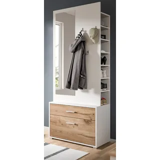 Kompaktgarderobe "Pallas" in weiß und Eiche Garderobe mit Spiegel 80 x 190 cm - Weiß, Naturbelassen