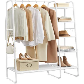 VASAGLE Kleiderständer, Garderobenständer, 45 x 120 x 160 cm Garderobe, Kleiderstange, Schuhablage, offener Kleiderschrank, 6 Haken abnehmbar, Schlafzimmer Flur, wolkenweiß-mattweiß RGR116W02