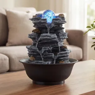 COSTWAY Zimmerbrunnen mit Pumpe, Tischbrunnen mit rollender Kugel, Farbiger LED Beleuchtung, Wasserbrunnen Stein Optik, Springbrunnen für Garten, Brunnen Wasserfall, Tischdekoration, 21,5 x 26 cm