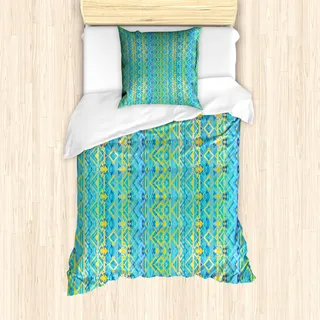 ABAKUHAUS Geometrisch Mantele, Zick-Zack-Aztec Entwurf, Milbensicher Allergiker geeignet mit Kissenbezügen, 135 cm x 200 cm - 80 x 80 cm, Erde Gelb Türkis