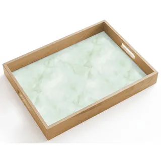 OnlyWow© Tablett Serviertablett rutschfest Griff Küchentablett | 40x30 cm - Rechteckig - Servierplatte Eiche Holztablett Henkel Hitzebeständig Grün - Marmor - Fließende Adern