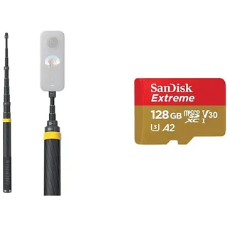 Insta360 Selfie-Stick für X3 & SanDisk Extreme microSDXC UHS-I Speicherkarte 128 GB + Adapter (Für Smartphones, Actionkameras und Drohnen, A2, C10, V30, U3, 190 MB/s Übertragung, RescuePRO Deluxe)