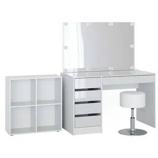 Vicco Schminktisch Sherry Weiß 120 cm 4 Teile, mit Standregal, Spiegel, Hocker, LED