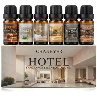 Chanhyer Hotel Luxus Ätherische Öle Set, Duftöl für Diffuser 6 x10ml | (Luxury Night,Jasmin & Minze, Weißer Tee,Zitrus Glück,My Way,Hotellobby) für Diffuser Duftlampen Luftbefeuchter,Massage