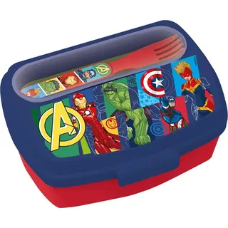 Tataway Tatatway Avengers Sandwichbox mit Besteck — Lunchbox für Kinder — robuste Lunchbox aus Kunststoff — mikrowellengeeignet — offizielles Marvel-Produkt