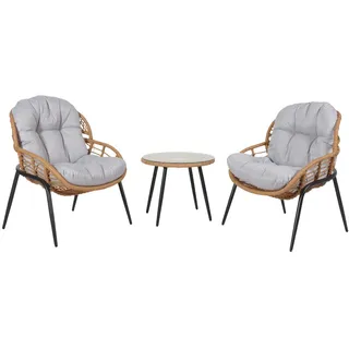 MCW Poly-Rattan Garnitur MCW-N33, Balkon-Set Gartengarnitur Sitzgruppe Stuhl Beistelltisch ~ naturfarben, Polster hellgrau