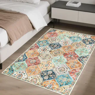 LuxFocus Waschbarer Kleiner Teppich 80x150 cm, floraler Vintage-Teppich fürs Schlafzimmer, orientalische Bettumrandung, Rutschfester Kurzflor, Orange