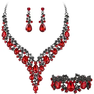 Clearine Damen Hochzeit Braut österreichischen Kristall Teardrop Blume Cluster Statement Halskette Ohrringe und Armband Schmuck-Set für Prom Rubin-Rot Schwarz-Ton