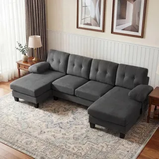 U-förmige Wohnlandschaft - 4-Sitzer-Schlafsofa - Mit Sessel - Chenillebezug - Verstellbare Rückenlehne - Moderner Stil - Grau