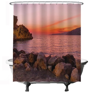 Ulticool Duschvorhang - Sonnenuntergang Natur Meer Sand Strand Spanien - 180 x 200 cm - waschbar - Anti Schimmel - mit 12 Ringen - Rosa Orange Braun