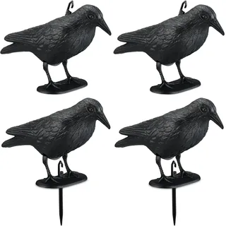 Relaxdays Vogelschreck, 4er Set, zum Hinstellen & Aufhängen, Kunststoff Krähe, zur Vogelabwehr, Garten & Balkon, schwarz
