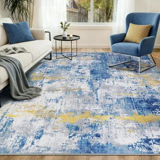 INOVADAY Waschbarer Teppich Wohnzimmer 180x270 cm Moderne Abstrakt Teppich Schlafzimmer mit Weichem Kurzflor rutschfest Minimalistische Teppiche für Lounge Esszimmer Blau/Gold