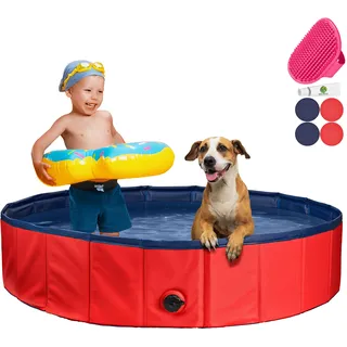 Stabiler Hundepool | Planschbecken für Hunde | Faltbarer Pool mit Ablassventil | rutschfeste Badewanne | Bällebad | Bälle Bad inkl. Badebürste & Reparaturset - Dog Pool 100x30 (Red)