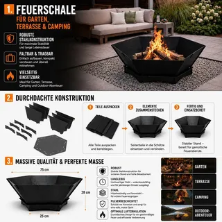 QLS Feuerschale 75x75 cm XXL - Feuerstelle Stahl faltbar Outdoor Garten schwarz 11486