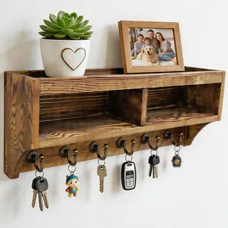 TopEsct Schlüsselbrett aus Holz mit Ablage, Wandmontierter Schlüsselhalter mit 6 Haken, Organizer für Eingangsbereich Flur Wohnzimmer Büro, Braun