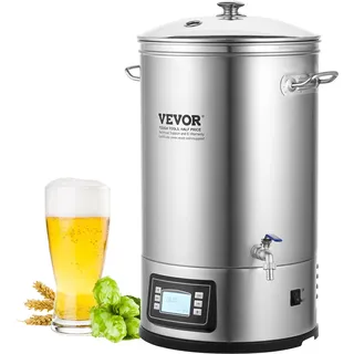 Vevor Edelstahl Bierbrauanlage Wasserkocher 35 L, Wasserkocher zum Brauen, Heimbrauzubehör für Bier, Bierbraugerät Set inkl. Glasdeckel, Griff, Zapfhahn, Elektronische Bedienblende Gewerblich