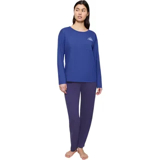 Schlafanzug TRIUMPH, Damen, Gr. 48, blau (blau, schwarz), Single Jersey, Obermaterial: 100% Baumwolle, bequem lang, Rundhals, Homewear-Sets Schlafanzug, Blumenstickerei, Brusttasche, Rundhalsausschnitt, Langarm