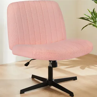 Sweetcrispy Bürostuhl Ohne Armlehnen, Schreibtischstuhl mit Teddy Velvet, Lesesessel mit Breiterem Polster zum Sitzen im Schneidersitz Stuhl, Höhenverstellbar, 360° Drehstuhl für Haus, Pink