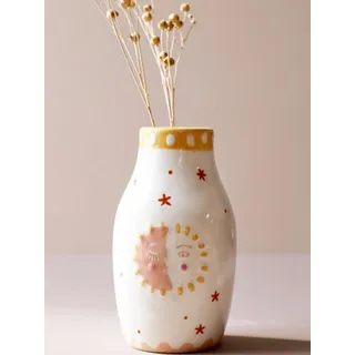 MOUGIGI Einzigartige Keramikvase, niedliches Boho-Dekor, kleine cremefarbene Vase für getrocknete Blumen oder einzelne Knospen – Sonne und Mond Gesicht Design