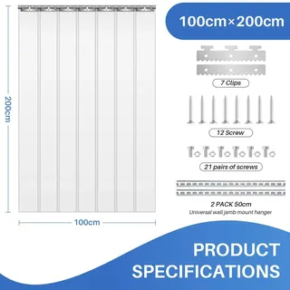 PVC Lamellenvorhang Tür-Set - Klarer Kunststoff Streifenvorhang - Schwerlast - Wasserdicht - Energie sparend - Für Kühlraum Gefrierraum Lager Garage - 100 x 200 cm Transparent