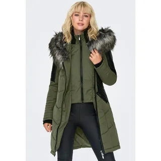 Steppmantel ONLY "ONLNEWLINETTE FUR HOOD COAT OTW", Damen, Gr. S, grün (kalamata detail:grau fur), Steppware, Obermaterial: 100% Polyester, regular fit, Mäntel Steppmantel