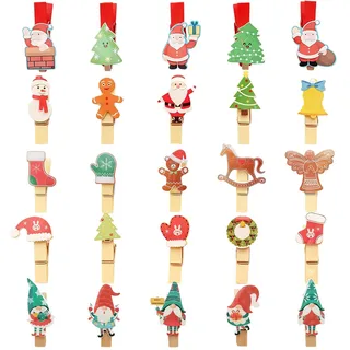 50er Set Mini Holzklammern Weihnachten, 5x10 Dekorative Wäscheklammern in 5 Designs für Weihnachtsdeko, Adventskalender, Fotos und zum Basteln, Kleine Klammern Weihnachten 3,5cm