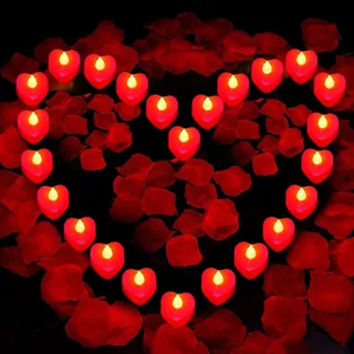 ZOYDP 24 Stück Herz Form LED Teelichter, Flammenlose Herz Teelichter Rot, mit 2000 Stücke Künstliche Gefälschte Rosenblätter, LED Kerze Liebe für Hochzeiten, Heiratsantrag