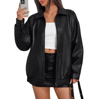 Trendy Queen Damen-Lederjacken, übergroß, Kunstleder, Übergröße, Moto-Biker-Mantel, Herbst-Outfits, modische Kleidung 2023, Schwarz, S