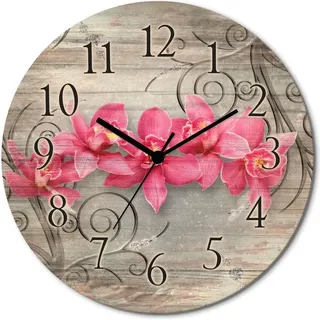 ARTland Holz Wanduhr Funkuhr - schwarzer Zeiger rosa Orchideen auf Ornamenten Größe: 30x30 cm - Rosa