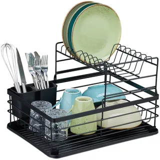 Relaxdays Abtropfgestell Geschirr, aus Metall, HxBxT: 18 x 42,5 x 31,5 cm, Geschirrtrockengestell für die Küche, schwarz