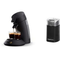 Philips Senseo Original Plus Kaffeepadmaschine, Schwarz, Intensitätsauswahl, Coffee Boost-Technologie, hergestellt aus recyceltem Kunststoff, CSA210/60 & Amazon Basics Elektrische Kaffeemühle, schwarz