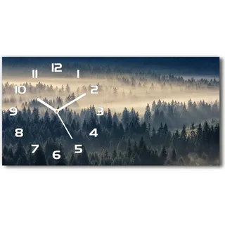 Wanduhr aus Glas – 60x30 cm - Glasbild - Glasuhr - Gehärtetes Glas - weisse-zeiger - den Wald Nebel über - Weiß