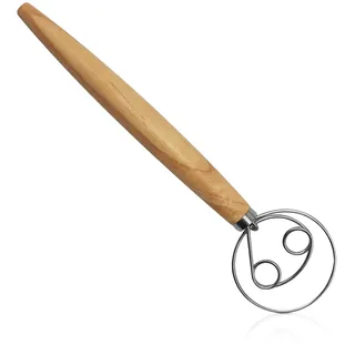 Dänischer Teigbesen 13 Zoll Dänische Teig Schneebesen Edelstahl Doppellöchern zum Schnellen Mischen mit Holzgriff Brotteig Schneebesen für Backen, Brot, Teig, Gebäck, Dessert, Pizzateig