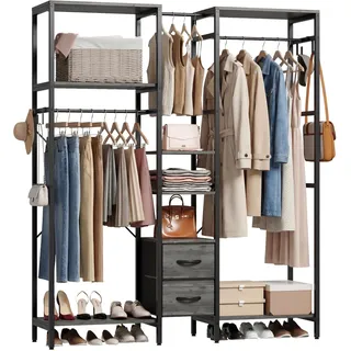 IRONCK offener Kleiderschrank, Große Kleiderständer aus Metall und Holz Platten, Garderobe mit Kleiderstange, Schubladen, Verstellbare Regale & S-Haken, zum Aufhängen von Kleidung (Eiche Dunkelgrau)
